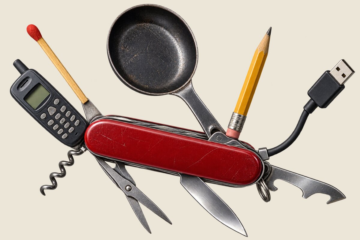 A Swiss Army knife with its blades fanned out as a phone, a frying pan, a pencil, a match, a USB cable, a corkscrew, scissors, and a knife, among other tools.